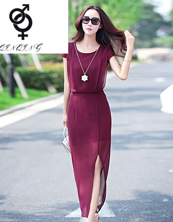 杰瑞丽莎2016夏装女装雪纺连衣裙显瘦时尚前开叉长裙