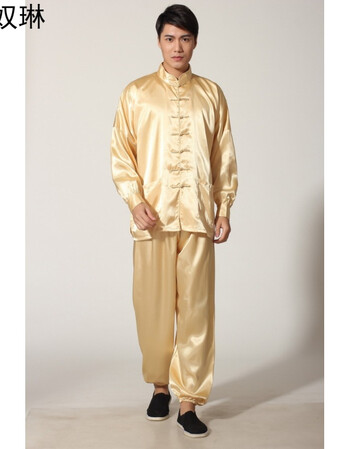 太极服 中式唐装男士套装 功夫套装武术表演服装 酒红色fz823 黄色