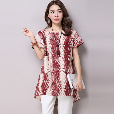 璞衣 2016新款棉麻女装上衣短袖T恤女印花夏