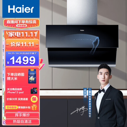 海尔（Haier）抽油烟机 侧吸油烟机 21m³/min大吸力 420pa热熔自清洁挥手爆炒家用吸油烟机抽烟机E900C11S