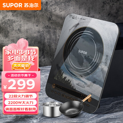 苏泊尔（SUPOR）秘镜系列 家用电磁炉 低辐射 2200W大功率 支持定时多功能电磁炉套装 C22-IH73E