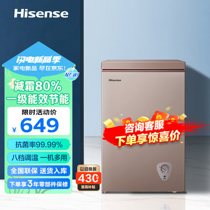 海信 (Hisense) 小冰柜100升 一级能效减霜 冷藏冷冻两用冷柜 小冰箱家用 租房用单温小冰箱以旧换新 BD/BC-100NUD钛空金