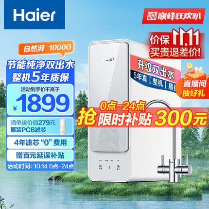 海尔（Haier）自然湃家用净水器1000G 厨下RO反渗透过滤直饮水纯水机 双出水无双酚A HRO10H88-2U1
