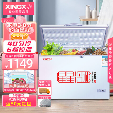 星星（XINGX） 305升 商用卧式冰柜 单温单箱冰箱 冷藏冷冻转换冷柜 安全门锁 顶开门 BD/BC-305E