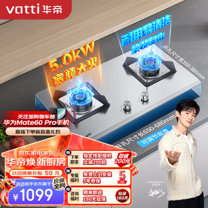华帝（VATTI）燃气灶天然气灶家用嵌入式易洁耐用不锈钢面板台嵌两用双眼灶台 5.0kW猛火换灶不改孔 JZT-i10065A