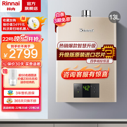 林内（Rinnai）13升燃气热水器天然气 变频节能恒温智慧芯 强排式家用 RUS-13QC05 天然气