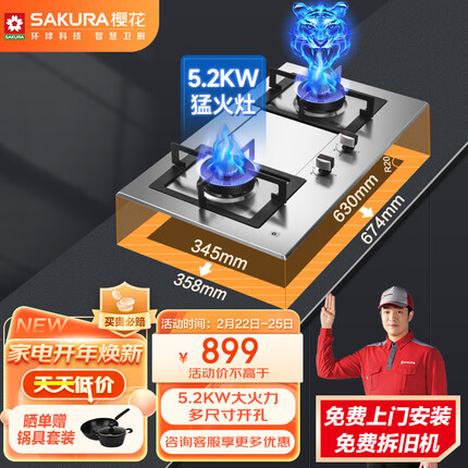 樱花（SAKURA）燃气灶 5.2kW大火力大面板兼容多开孔 不锈钢天然气灶煤气灶双灶 台嵌两用 一级能效 G9206天然气