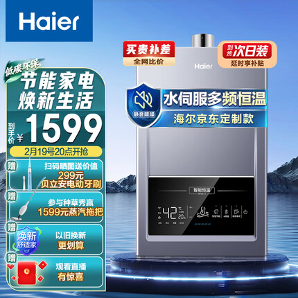 海尔（Haier）16升燃气热水器天然气无级变频水伺服恒温ECO节能静音降噪云智能家用 JSQ30-16MODEL5(12T)U1