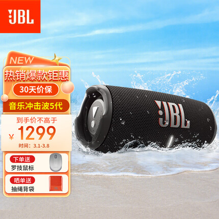 JBL CHARGE5 音乐冲击波五代 便携式蓝牙音箱+低音炮 户外防水防尘 桌面音响 增强版赛道扬声器 黑色