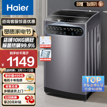 海尔（Haier）波轮洗衣机全自动家电 以旧换新 脱水机 内衣除螨洗 原厂品质 10公斤大容量EB100M30Pro1