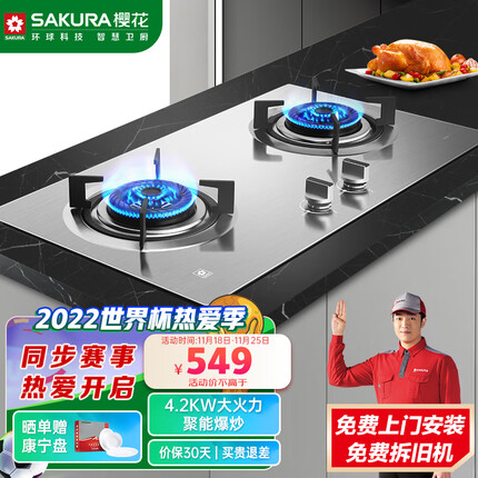 樱花SAKURA 燃气灶双灶不锈钢 台嵌两用 升级4.2kW大火力 聚能爆炒 条形旋火 BGZ01（天然气）