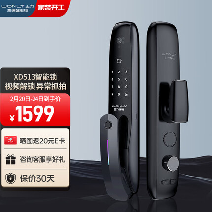 王力全自动智能锁指纹锁防盗门锁电子锁视对讲远程解锁侦测抓拍 XD513
