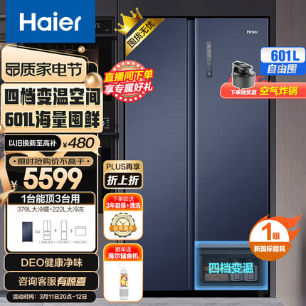 海尔（Haier）鲜派系列601升一级能效风冷无霜双变频对开门双开门家用电冰箱超大容量BCD-601WGHSSR5B9U1