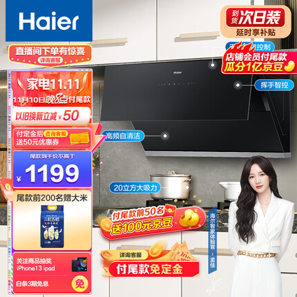 海尔（Haier）抽油烟机 侧吸式吸油烟机 20m³/min大吸力420pa挥手智控高频自旋洗京东小家C10SU1
