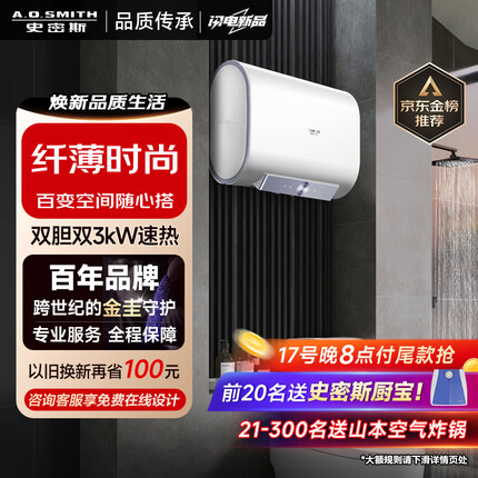 史密斯（A.O.SMITH）佳尼特60升电热水器 超薄双胆扁桶 金圭特护 双棒双3kW速热 雪域白CTE-60HT1小尺寸仅71cm