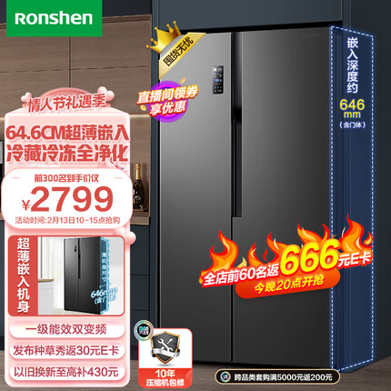 容声（Ronshen）【离子净味】529升变频一级能效对开门双开门冰箱家用无霜除菌BCD-529WD18HP超薄可嵌入大容量