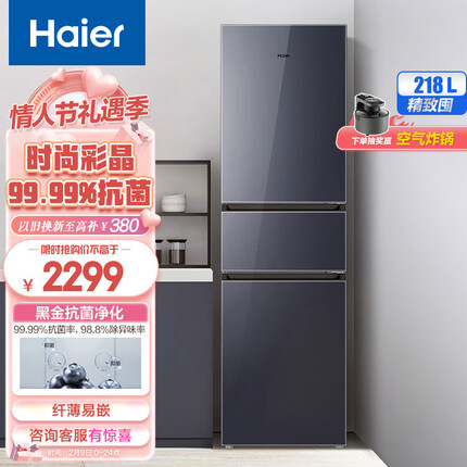 海尔（Haier）218升三门风冷无霜冰箱节能低噪家用小型家用冰箱宿舍租房BCD-218WGHC3R9B1变温大冷冻