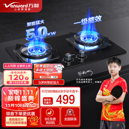 万和 Vanward 燃气灶5.0kW大火力嵌入式台式两用炉具家用双灶 钢化玻璃 全进风 JZT-C5L96（天然气）