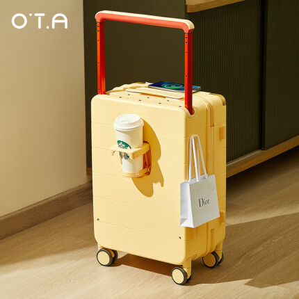 OTA多功能行李箱宽拉杆女新款登机箱小型轻便旅行可充电密码皮箱子男 奶酪黄 USB充电+杯架+承重挂钩 26英寸 托运箱