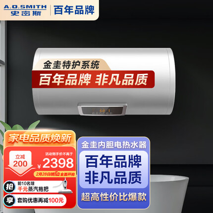 史密斯（A.O.SMITH）60升电热水器 专利免更换镁棒 金圭内胆 速热节能 纤美长款 大屏E60VC0 一级能效