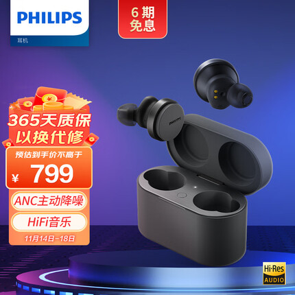 飞利浦（PHILIPS）真无线蓝牙耳机主动降噪耳机入耳式运动游戏耳机|Hi-Res高解析LDAC音频|多点链接TAT8506黑