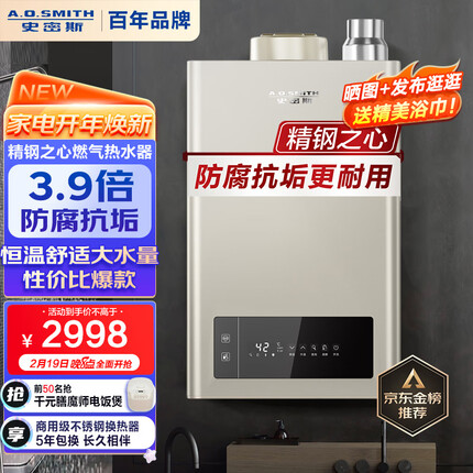 史密斯 16升燃气热水器 不锈钢换热器更耐用 负压更安全 恒温大水量 家用JSQ31-TM5
