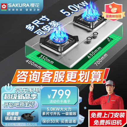 樱花（SAKURA）燃气灶 5.0kW大火力不锈钢灶天然气灶煤气灶双灶台嵌两用兼容多尺寸开孔一级能效 JSA12天然气