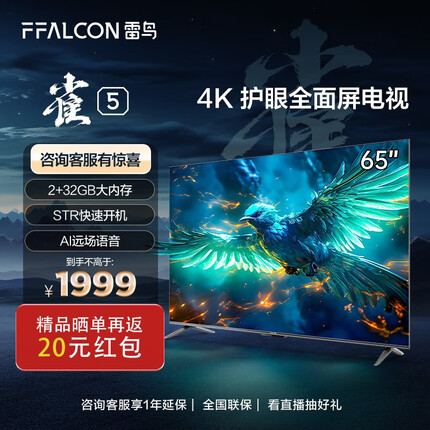FFALCON雷鸟电视雀5 65英寸4K高清 2+32GB 护眼防蓝光 超薄金属全面屏彩电 AI智能语音网络液晶平板电视机 雀5