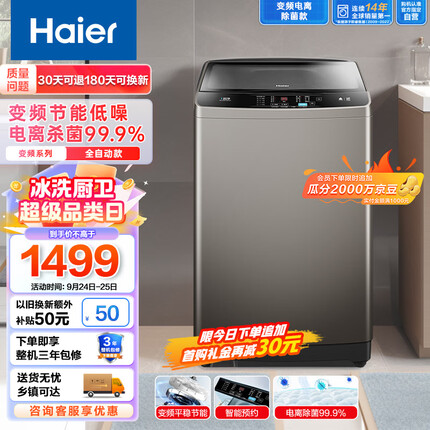 海尔（Haier）波轮洗衣机全自动家电 以旧换新 脱水机 内衣除菌 直驱变频 10公斤大容量EB100B22Mate2