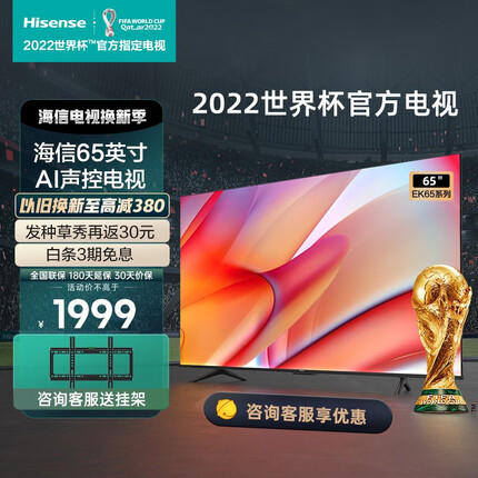 海信电视65英寸 EK65 2+16GB内存 远场语音 4K超高清 无边全面屏 智能液晶教育电视机