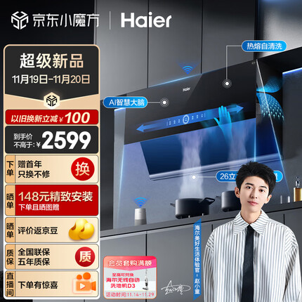 海尔（Haier）抽油烟机 侧吸式吸烟机 变频26立方大吸力 挥手智控 自动清洗 家用厨房排烟机EC911UD