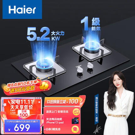 海尔（Haier）燃气灶双灶 天然气灶 家用双灶具 5.2KW大火力 一级能效 瞬燃点火熄火保护煤气灶双灶Q2BE3(天)