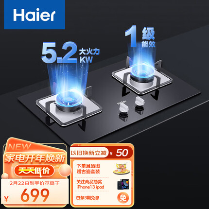 海尔（Haier）燃气灶天然气 家用双灶具 5.2KW大火力 一级能效 熄火保护 天然气灶双灶以旧换新Q2BE3(天)