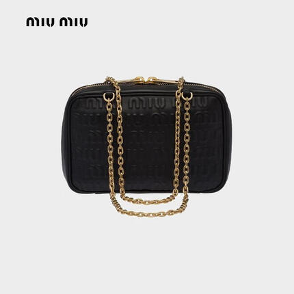 缪缪（MiuMiu）女士压花徽标皮革链条手袋5BB114VOOO-2F51-F0002 黑色 TU