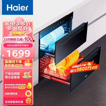 海尔（Haier）消毒柜家用 消毒碗柜 嵌入式 100L消烘存一体 紫外线消毒0臭氧 碗筷奶瓶消毒 独立控制EB03
