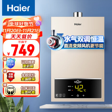海尔（Haier）12升燃气热水器天然气水气双调恒温五重净化健康ECO节能开机自检多重安防家用JSQ22-12UTS(12T)
