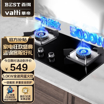 百得（BEST）华帝出品燃气灶5.0KW大火力 一级能效节能灶家用厨房煤气灶台式 嵌入式双灶QE53 液化气(20Y)