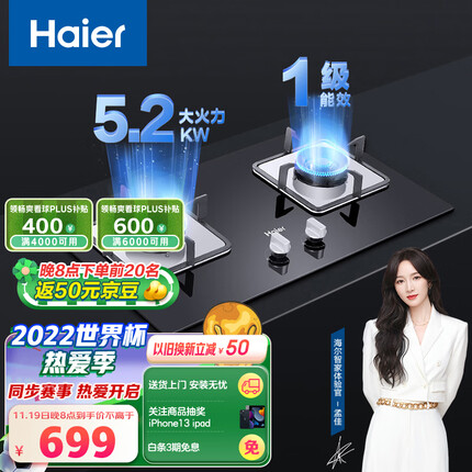 海尔（Haier）燃气灶双灶 天然气灶 家用双灶具 5.2KW大火力 一级能效 瞬燃点火熄火保护煤气灶双灶Q2BE3(天)