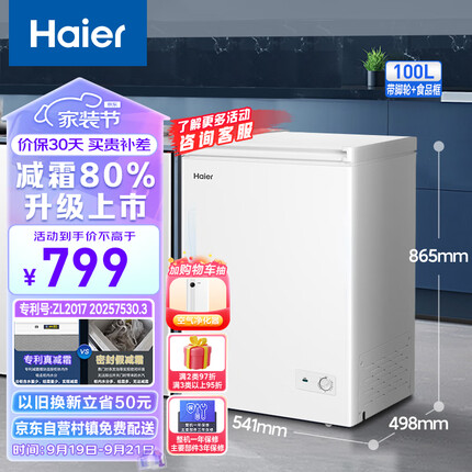 海尔（Haier）100升低霜小冰柜家用商用 冷藏柜冷冻柜两用冰柜小型租房用小冰箱小型冷柜BC/BD-100GHDT 以旧换新