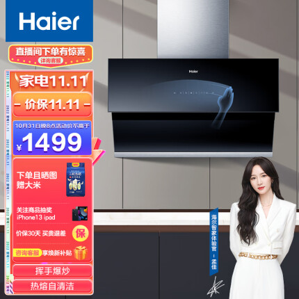 海尔（Haier）抽油烟机 侧吸油烟机 21m³/min大吸力 420pa热熔自清洁挥手爆炒家用吸油烟机抽烟机E900C11S