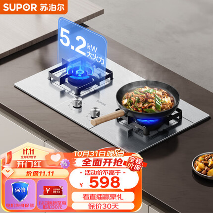 苏泊尔（SUPOR）燃气灶双灶家用 天然气双灶具5.2kW大火力猛火 易洁耐用不锈钢面板 台嵌两用灶具 DS35天