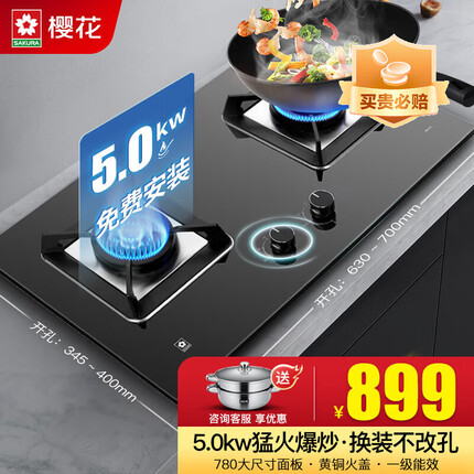 樱花燃气灶天然气 煤气灶双灶 5.0KW猛火炉灶台嵌入式两用多种开孔尺寸可安装 天然气 5.0KW换装不扩孔