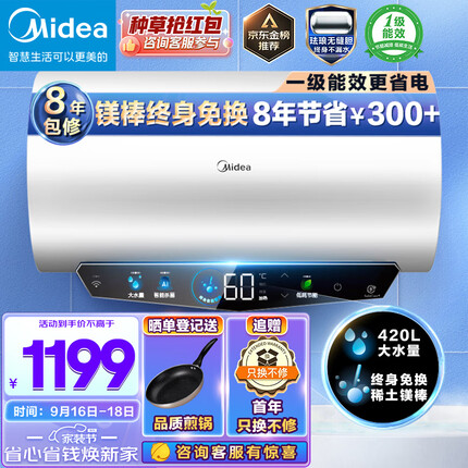 美的（Midea）终身免换镁棒电热水器60升储水式3300W大功率速热安全一级能效节能智能家电F6033-JE5(HE)