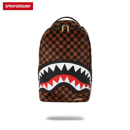 SPRAYGROUND2023新款棋盘格双肩背包毛绒包包女鲨鱼嘴学生书包男 棕色 大号