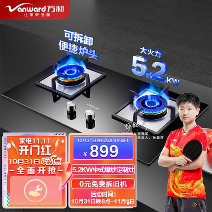 万和（Vanward） 燃气灶5.2kW大火力 天然气 家用台嵌可用天然气灶双灶嵌入式玻璃炉台 JZT-B9L745ZW(天然气)