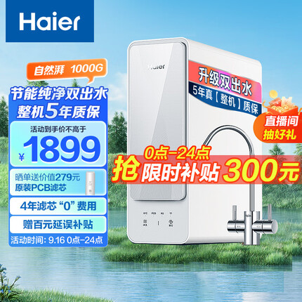 海尔（Haier）自然湃家用净水器1000G 厨下RO反渗透过滤直饮水纯水机 双出水无双酚A HRO10H88-2U1