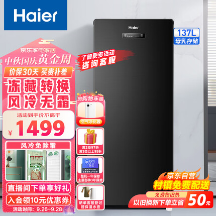 海尔（Haier）星蕴137升风冷家用立式冰柜 冷藏冷冻冷柜冰吧囤货小冰柜家用小型冰箱BD-137WGHS9D9以旧换新