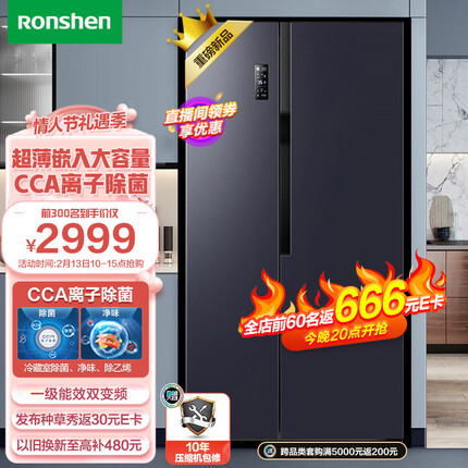 容声（Ronshen）【离子净味】609升变频一级能效对开门双开门冰箱家用无霜离子除菌BCD-609WD11HP大容量可嵌入
