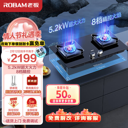 老板（Robam）JZT-57B6D家用燃气灶天然气灶双灶嵌入式 5.2kW大火力猛火灶易打理可调节底盘灶具灶台以旧换新