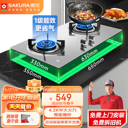 樱花（SAKURA）燃气灶双灶不锈钢 台嵌两用 升级4.2kW大火力 聚能爆炒 条形旋火 BGZ01（天然气）